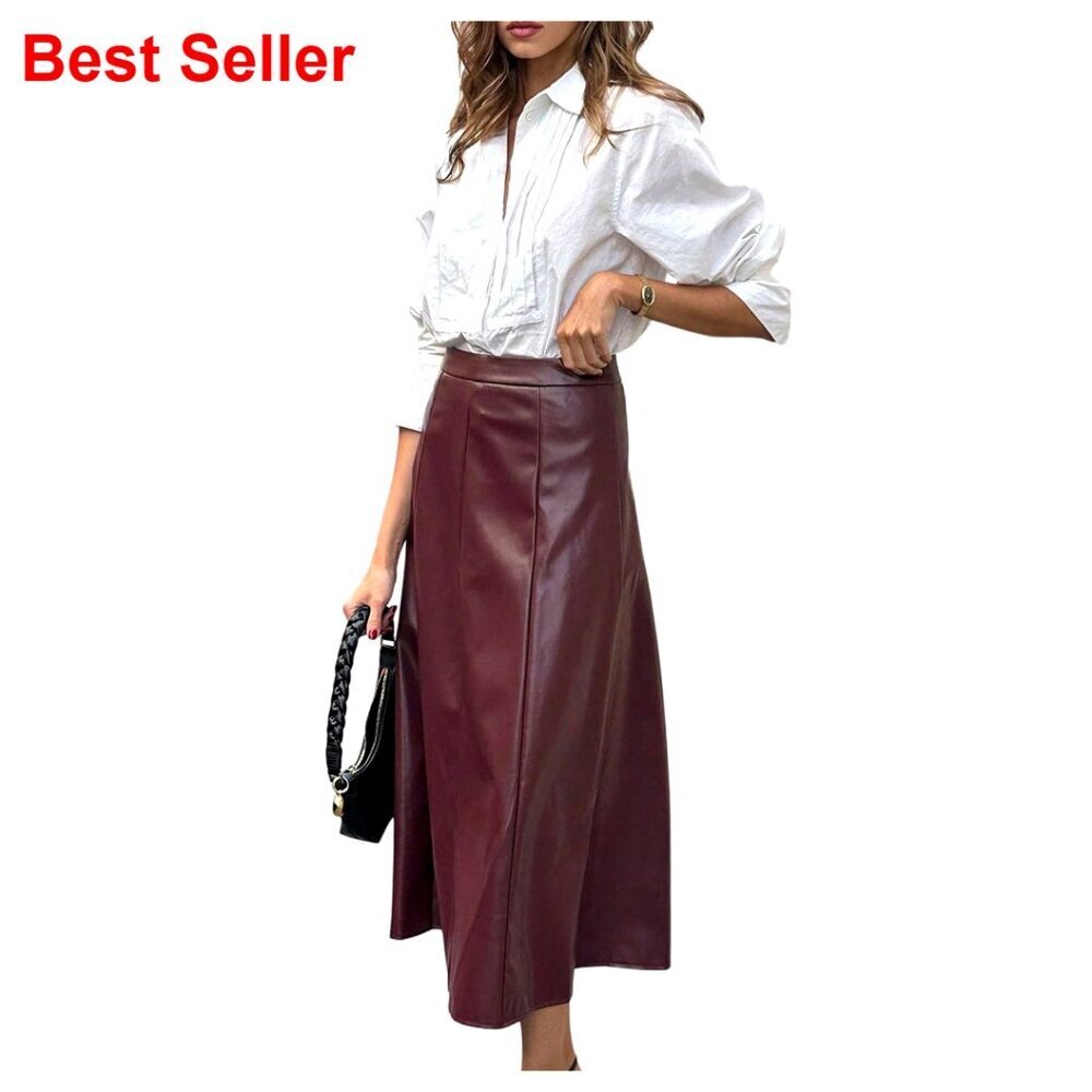 Faux Leather Maxi Skirt High Waisted Flared A-Line Long Skirt
